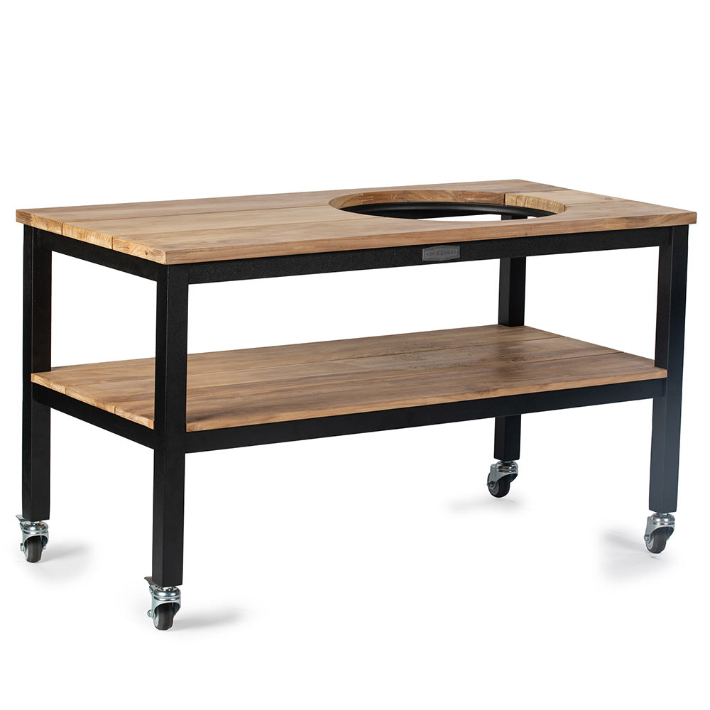 Grade A Teak Ceramic Grill Table for Kamado Grills | Black Aluminum