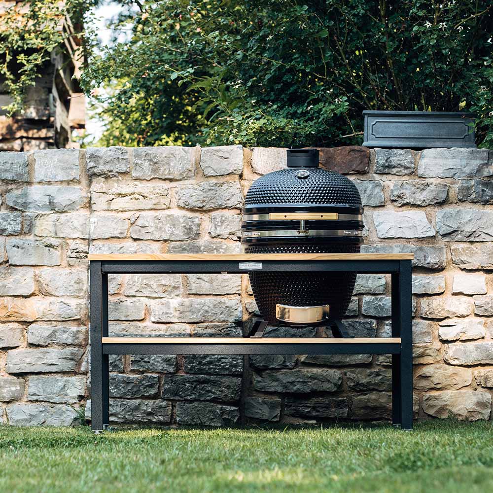 Grade A Teak Ceramic Grill Table for Kamado Grills | Black Aluminum
