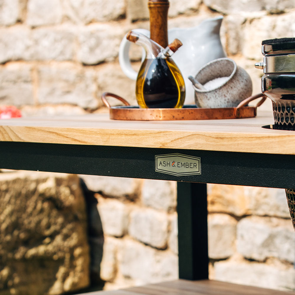 Grade A Teak Ceramic Grill Table for Kamado Grills | Black Aluminum