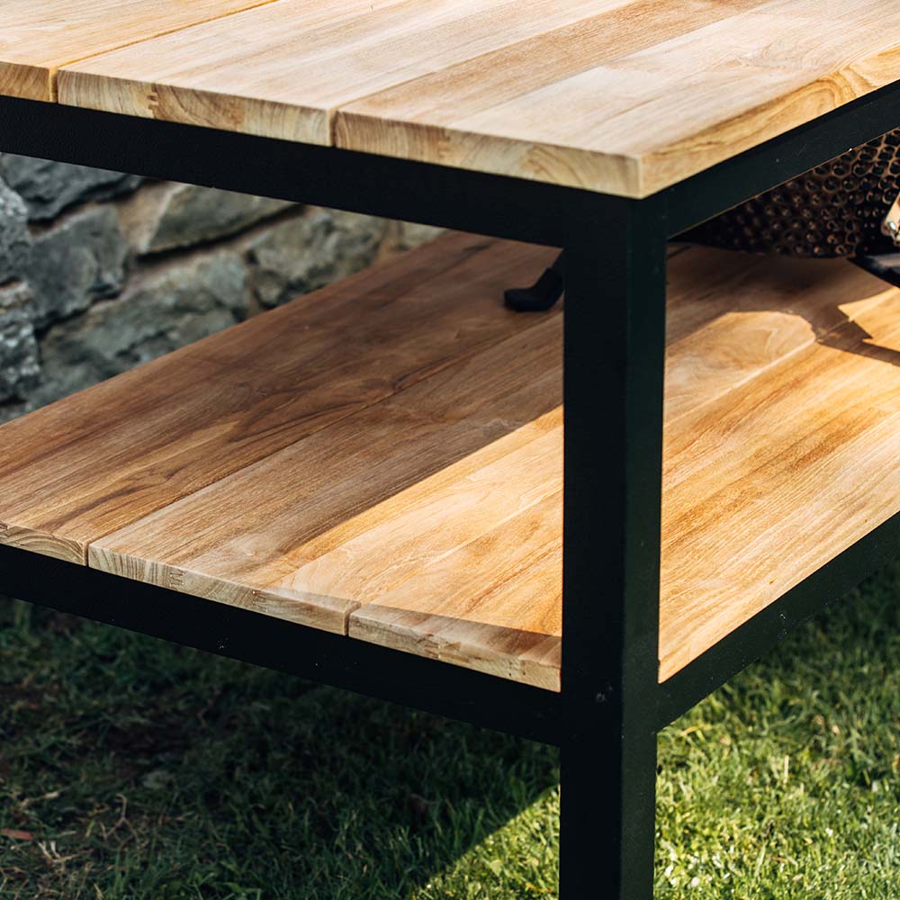 Grade A Teak Ceramic Grill Table for Kamado Grills | Black Aluminum