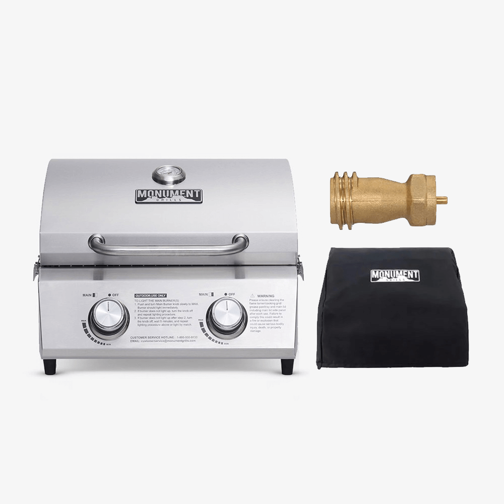Monument 13742 - Stainless Tabletop Propane Gas Grill | 13742 & Cover & 1 LB Tank Adapter
