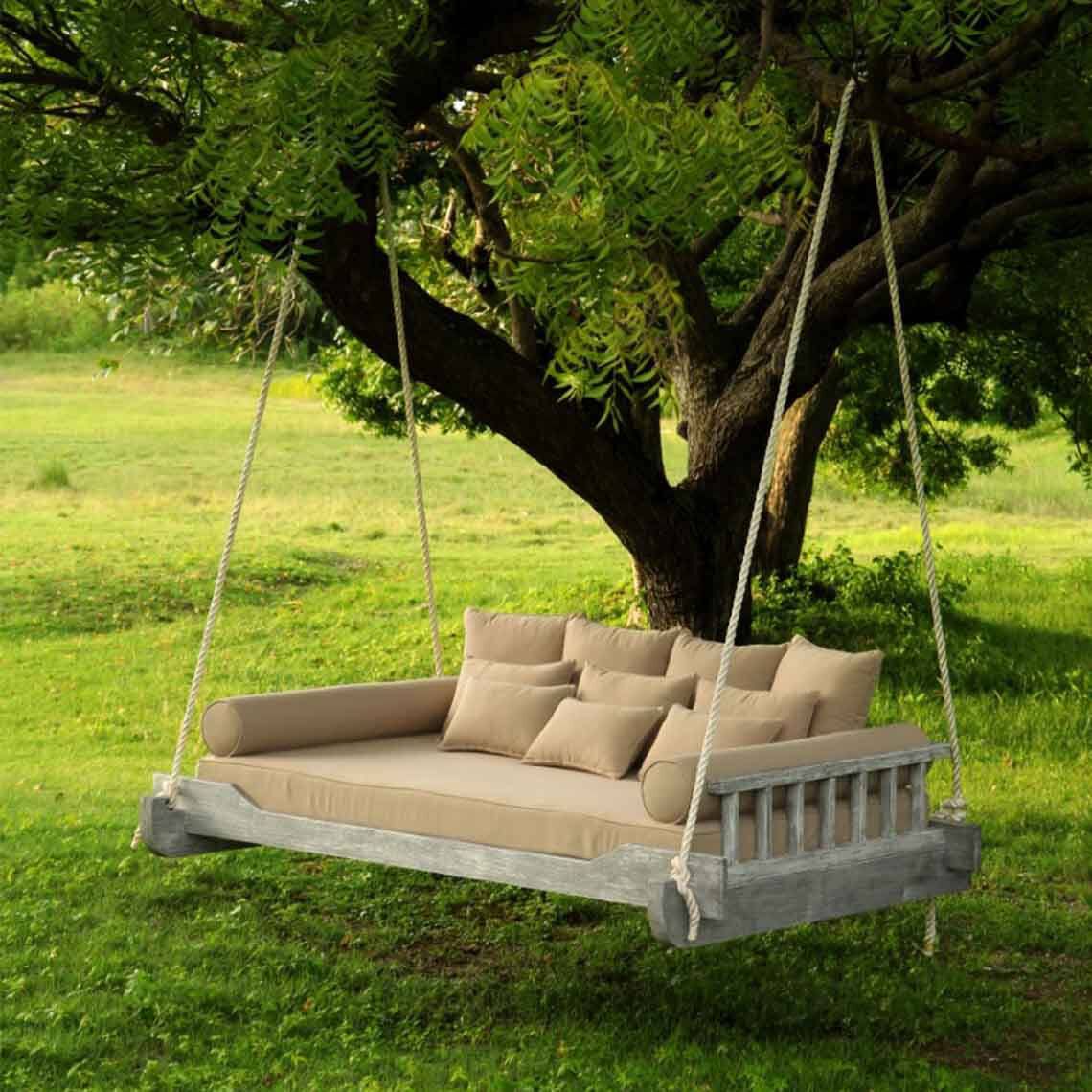 Scratch and Dent - Montana Rope Porch Swing Bed with Cushions and Pillows | Grade A Teak | Queen-Sized - FINAL SALE - view 2