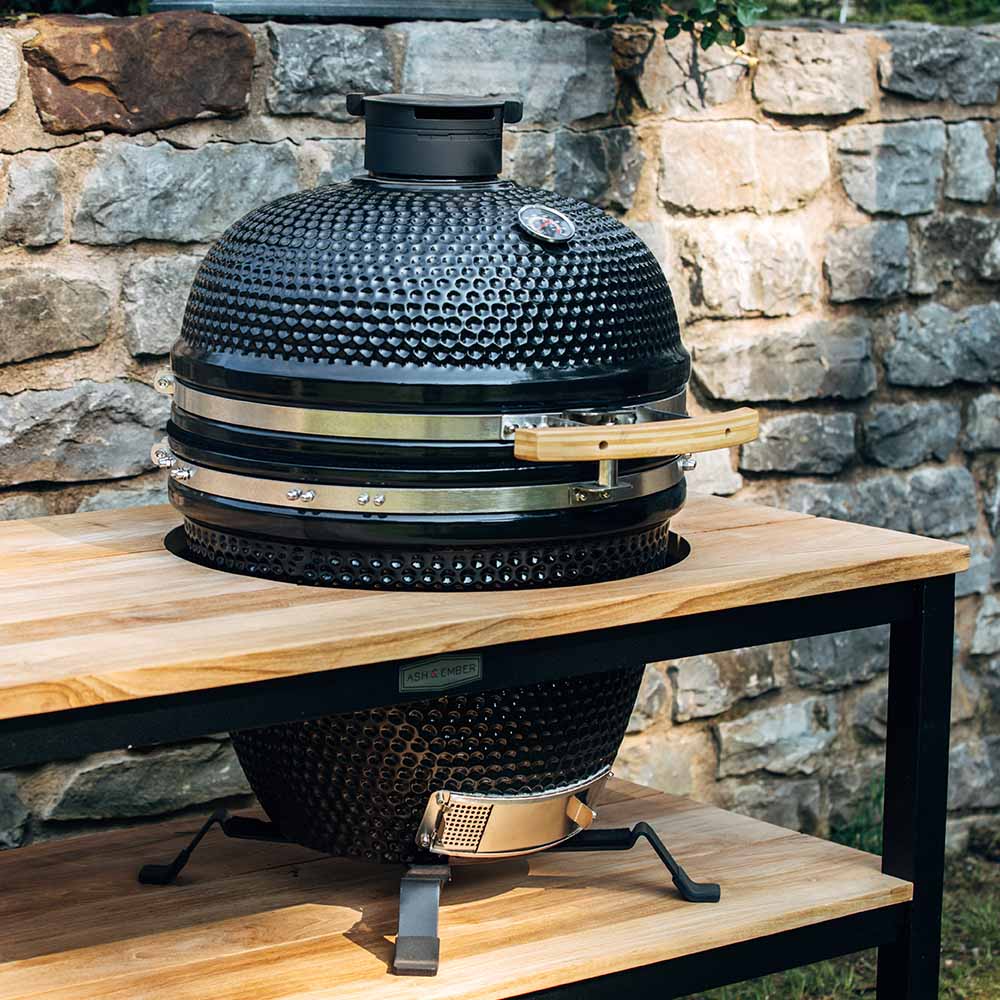 Grade A Teak Ceramic Grill Table for Kamado Grills | Black Aluminum