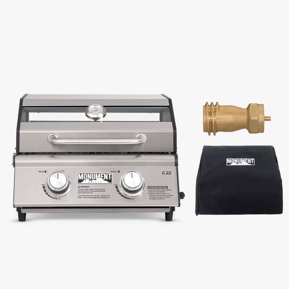 Monument G22 - Stainless Tabletop Propane Gas Grill | G22 & Grill Cover & 1 LB Tank Adapter