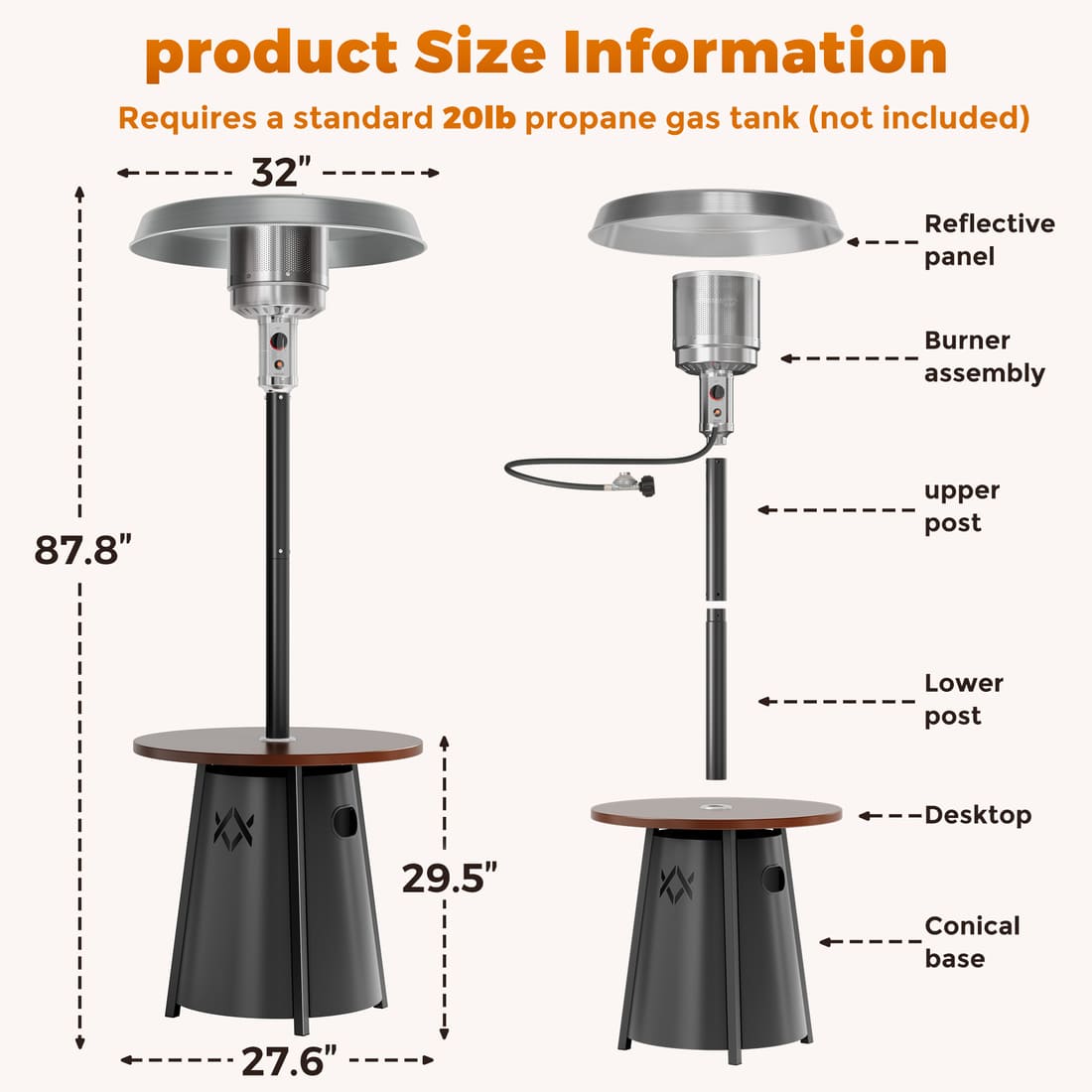 Pamapic 50,000 BTU Propane Patio Heater with 27.6" Round Table - view 3
