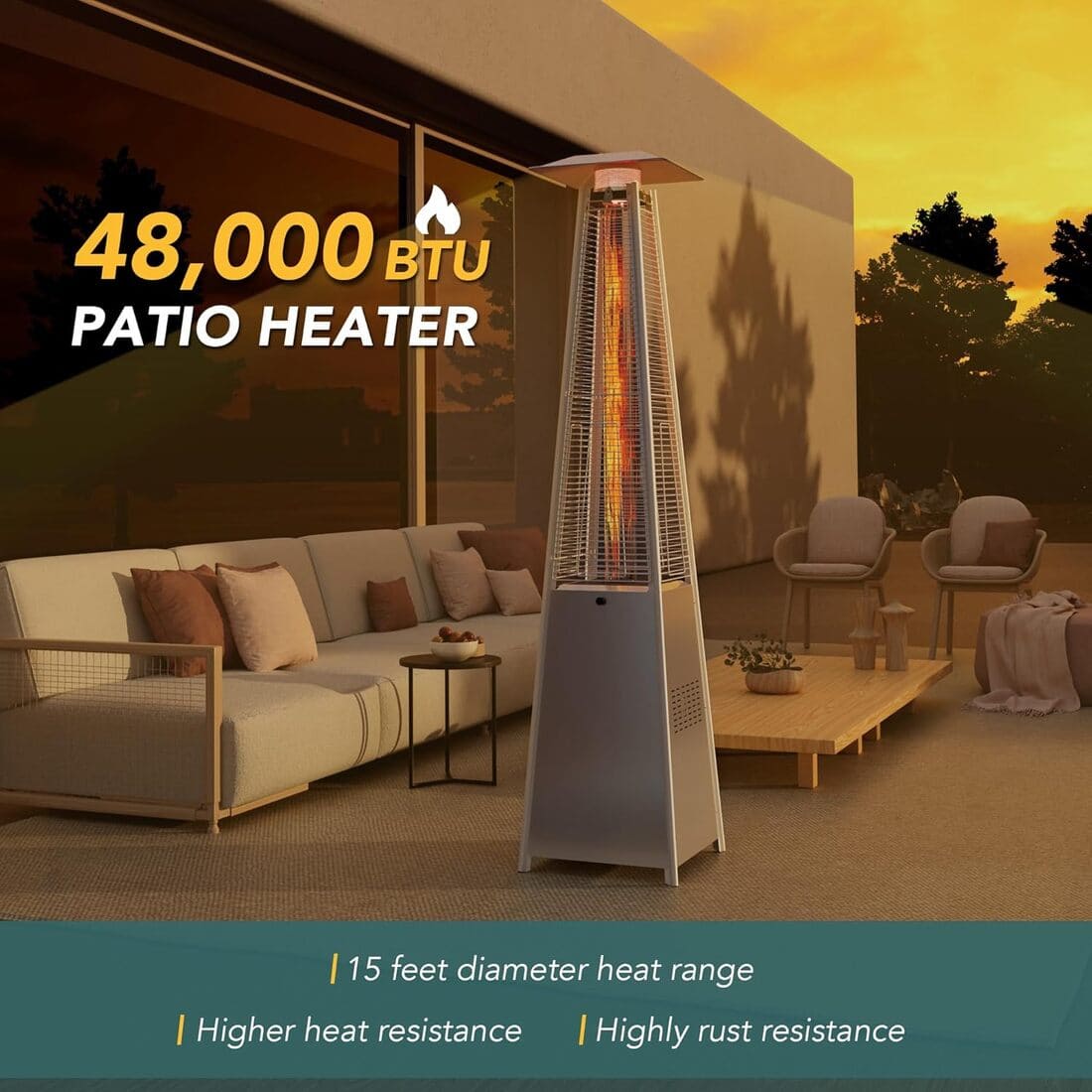 Pamapic 48,000 BTU Pyramid Flame Patio Heater with Glass Tube & Cover | Stainless Steel - view 2