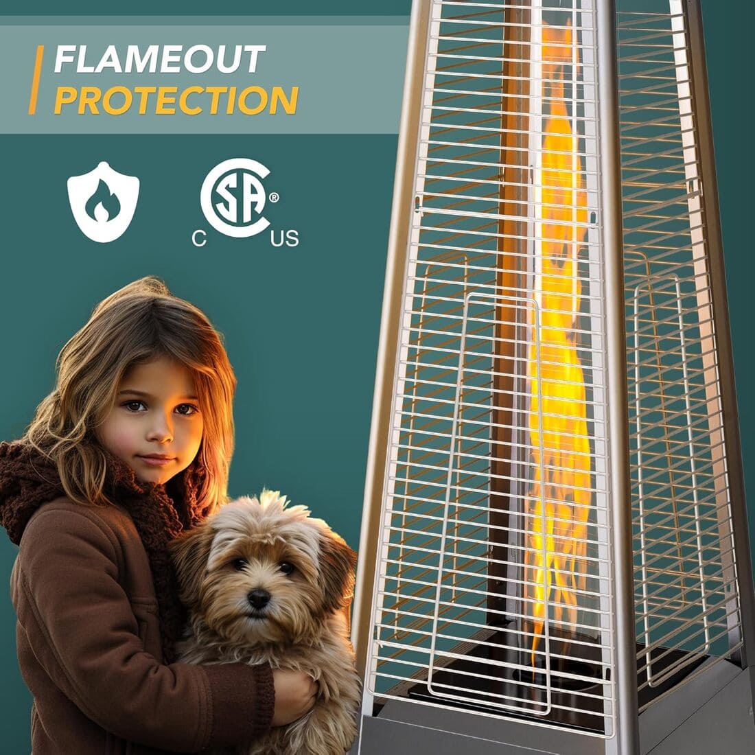 Pamapic 48,000 BTU Pyramid Flame Patio Heater with Glass Tube & Cover | Stainless Steel