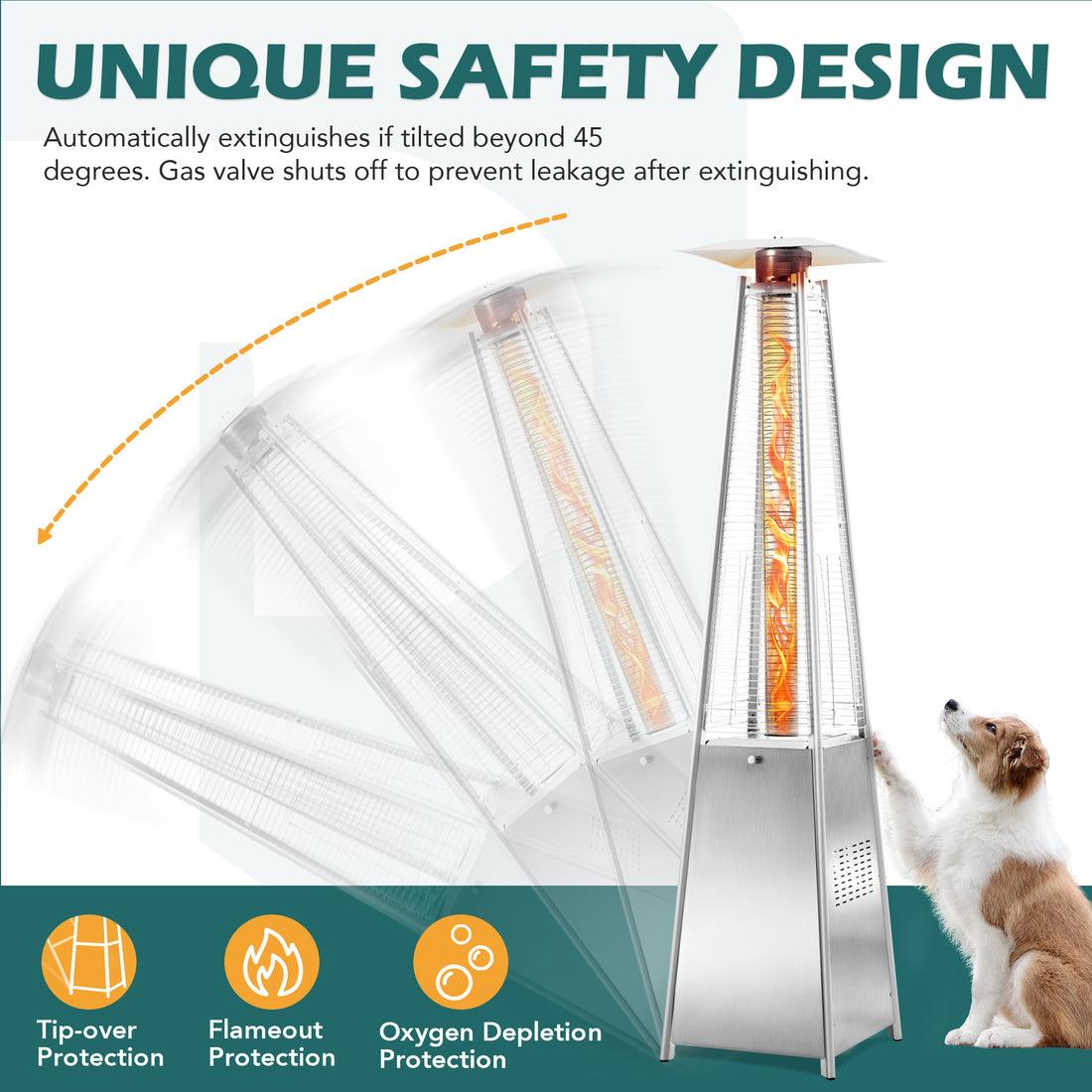 Pamapic 48,000 BTU Pyramid Flame Patio Heater with Glass Tube & Cover | Stainless Steel